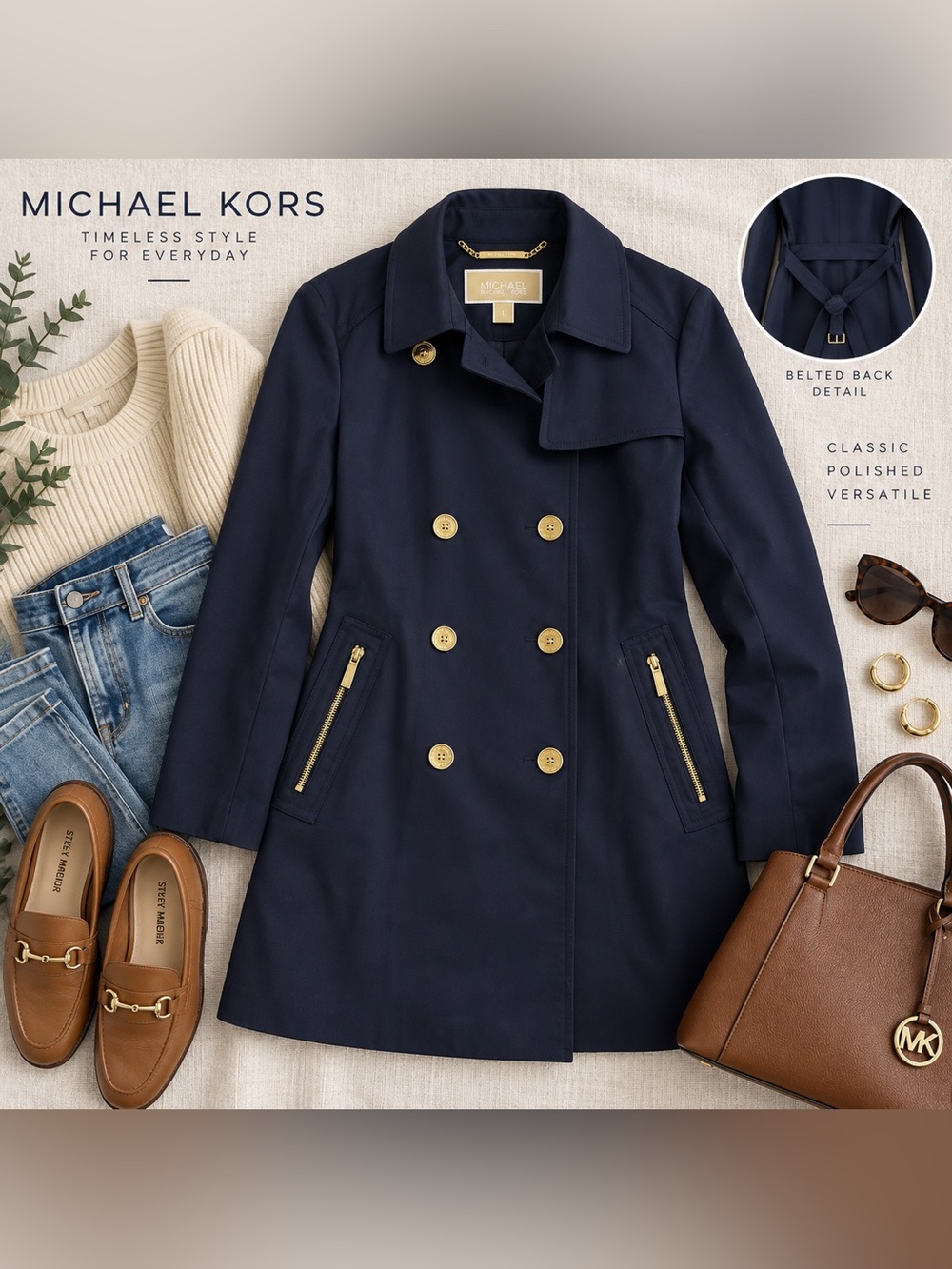 MICHAEL Michael Kors Navy Double Breasted Trench Coat Gold-Tone Hardware Size L